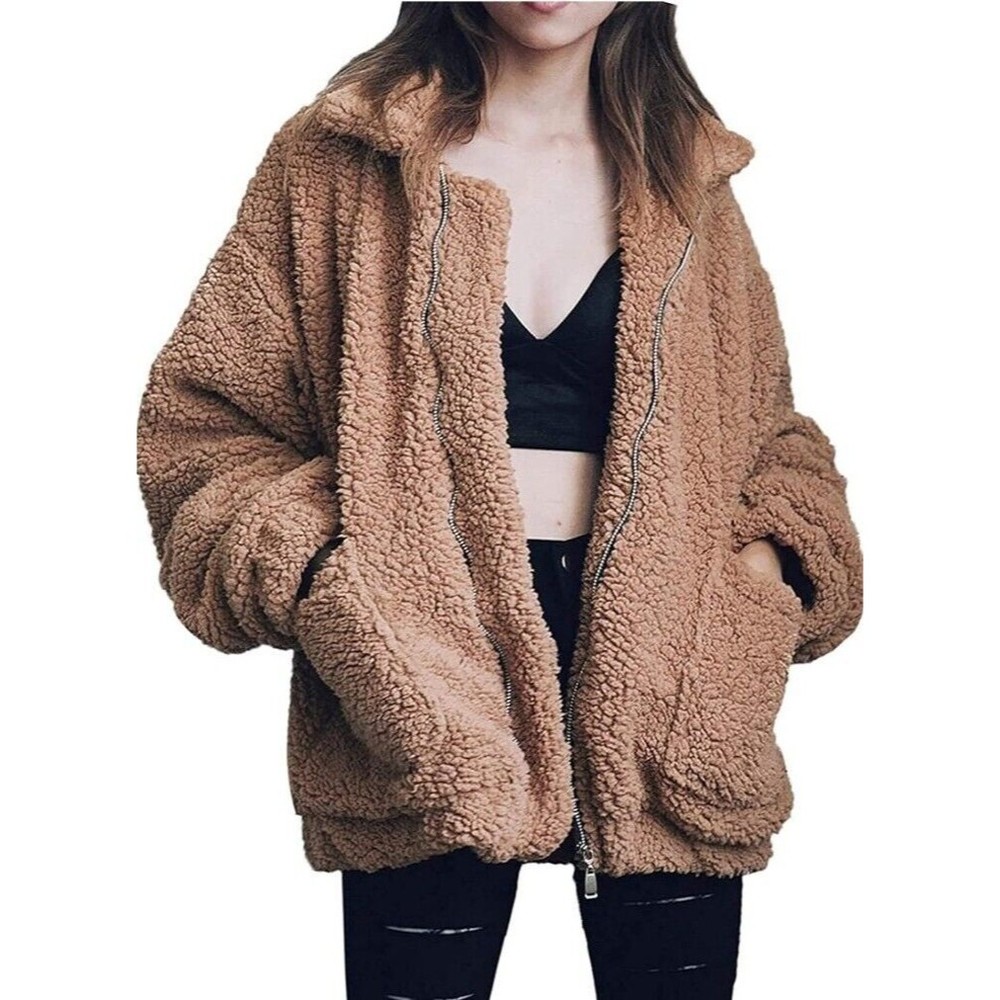 Womens Coat Casual Lapel Fleece Fuzzy Faux Shearling Zipper Coats Warm Winter